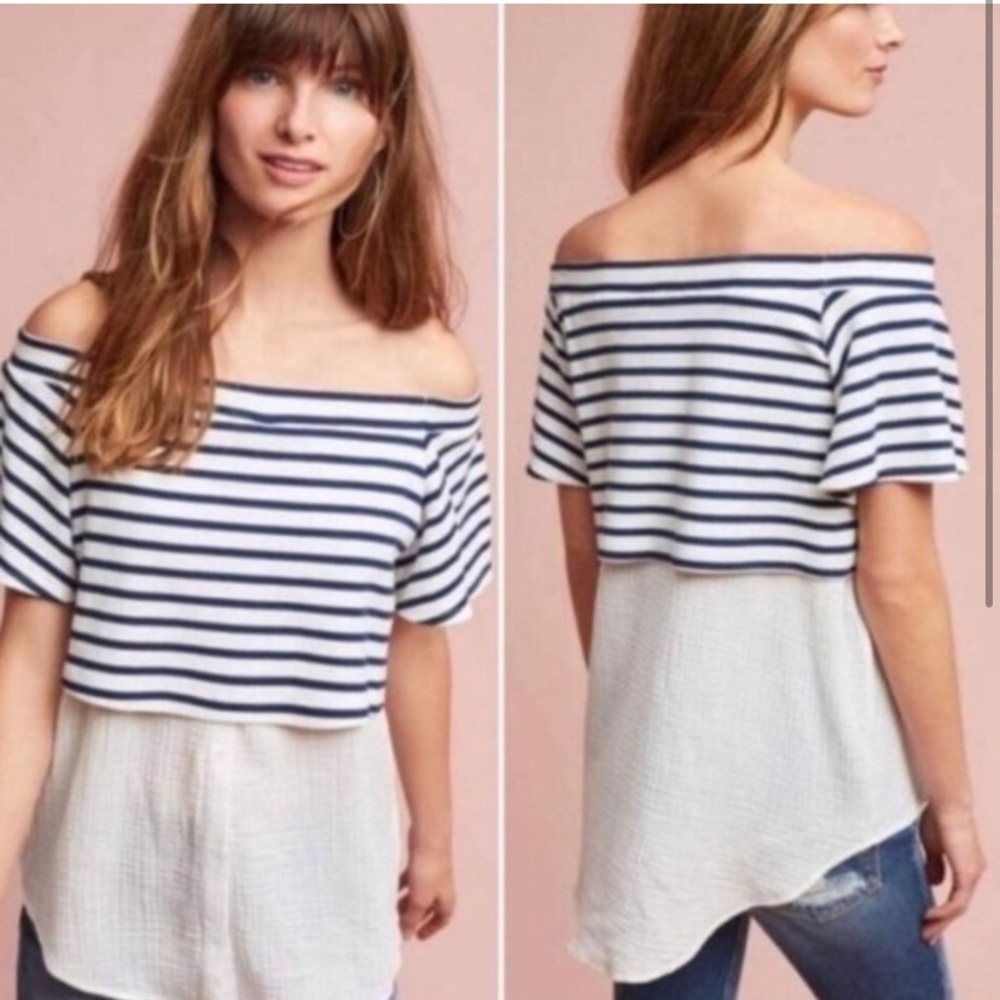 Anthropologie postmark blue striped off the shoulder shirt - Picture 2 of 7